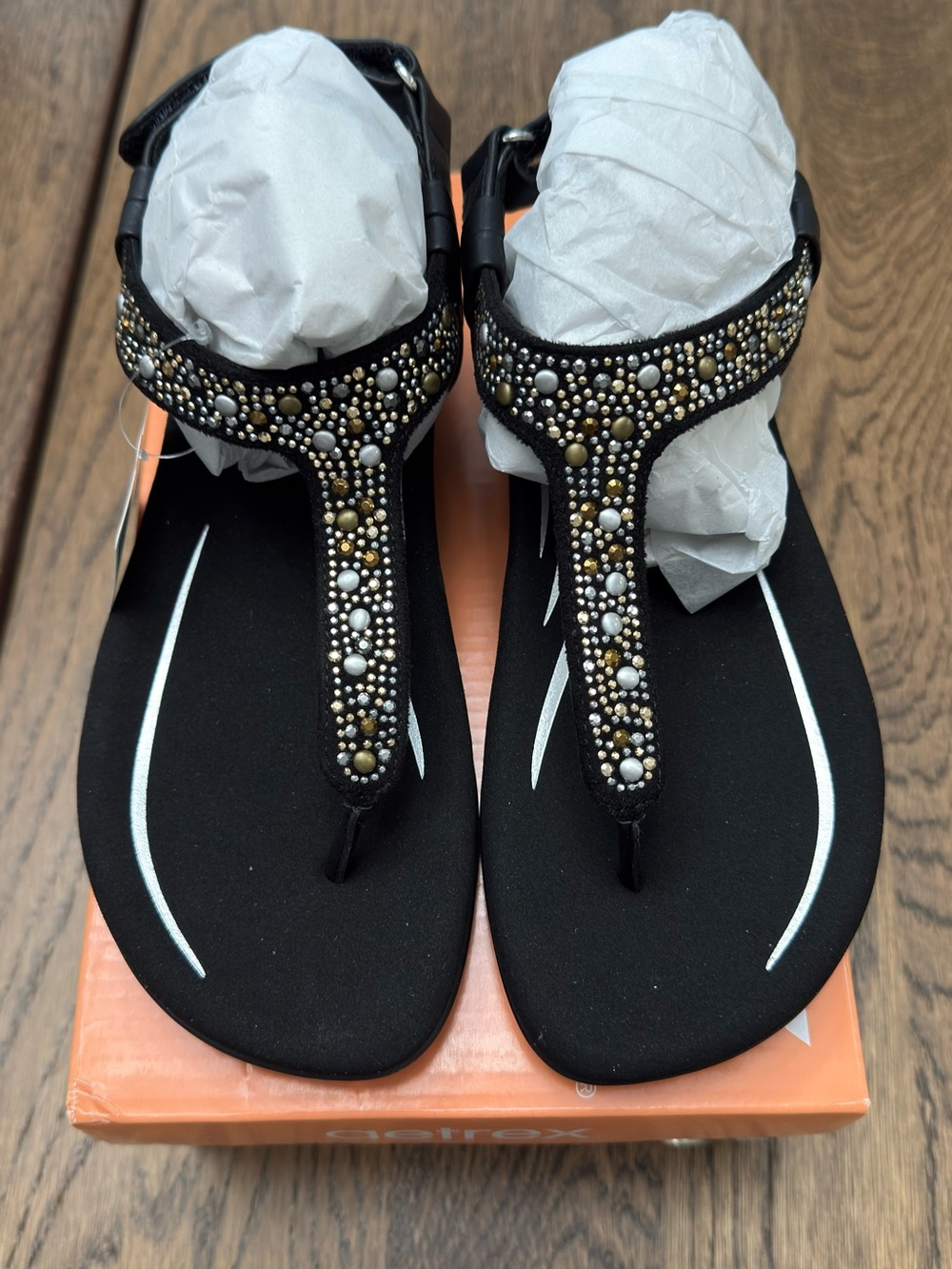 Aetrex Lindsey Arch Support Memory Foam Sandals Black Rhinestone NIB Women's 5-5